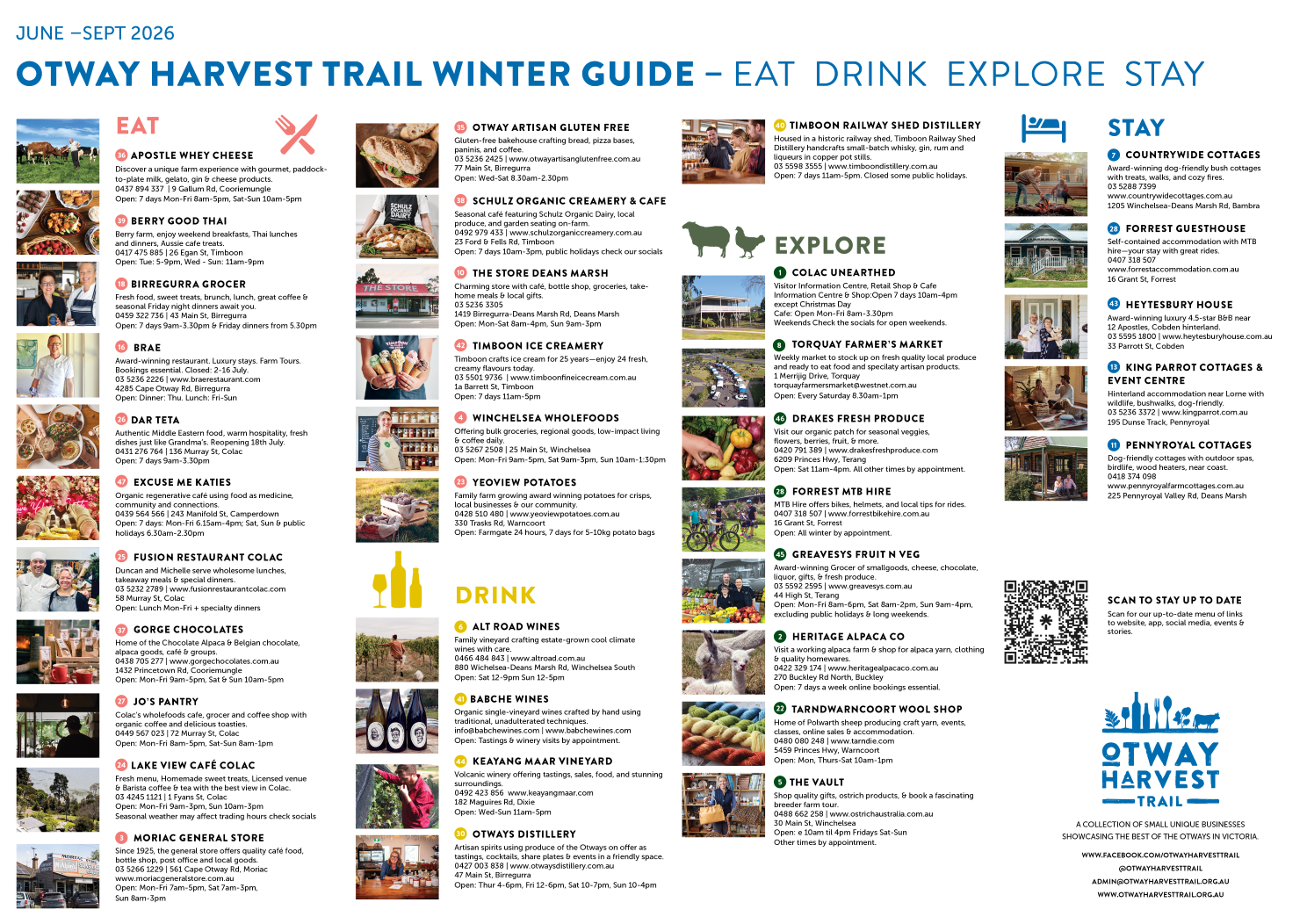 Listings of businesses opening hours of winter 2026 in the Otway region inland from the Great Ocean Road