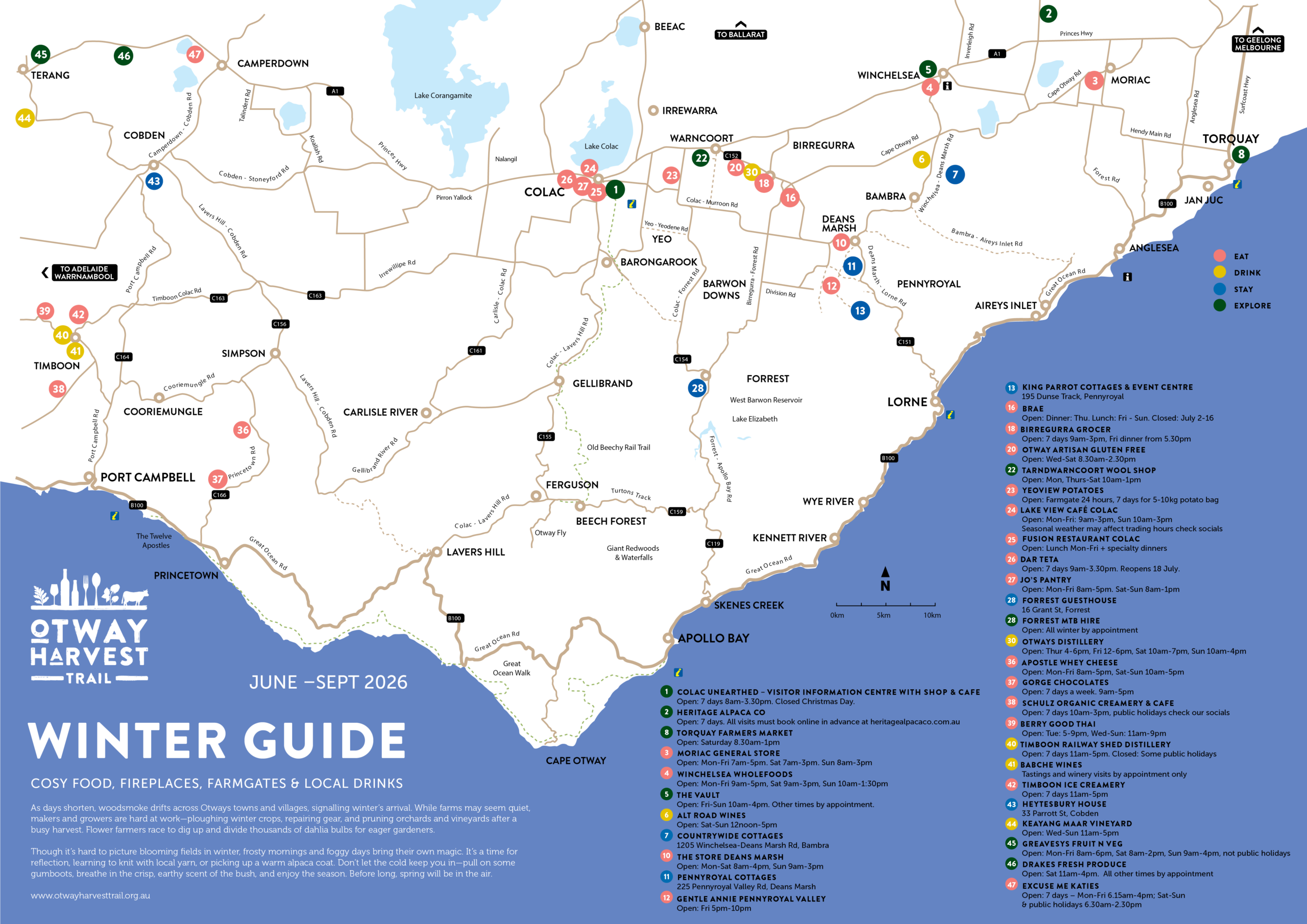 A map of the Otway region showing what places are open to visitors in winter 2026